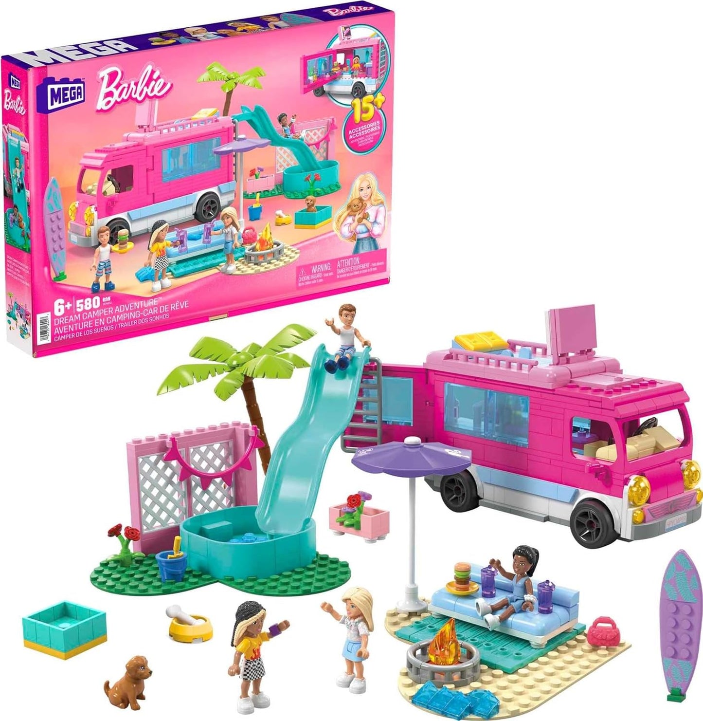 Mega Barbie Car Building Toys Playset, Dream Camper Adventure with 580 Pieces