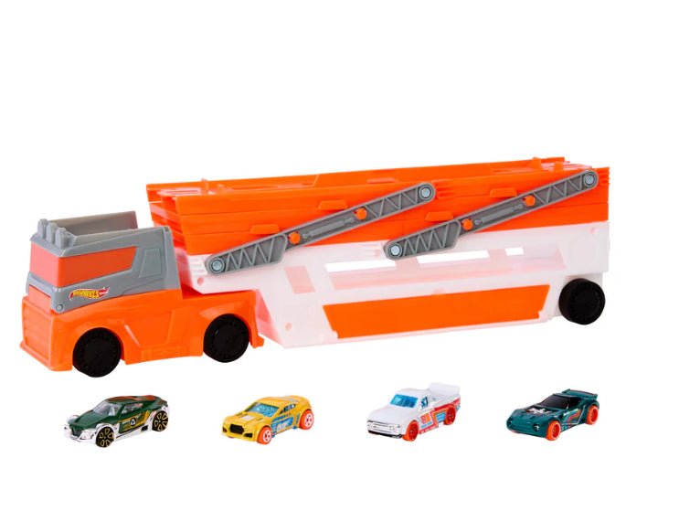 Huge Hot Wheels City Mega Hauler With 4 Cars-New